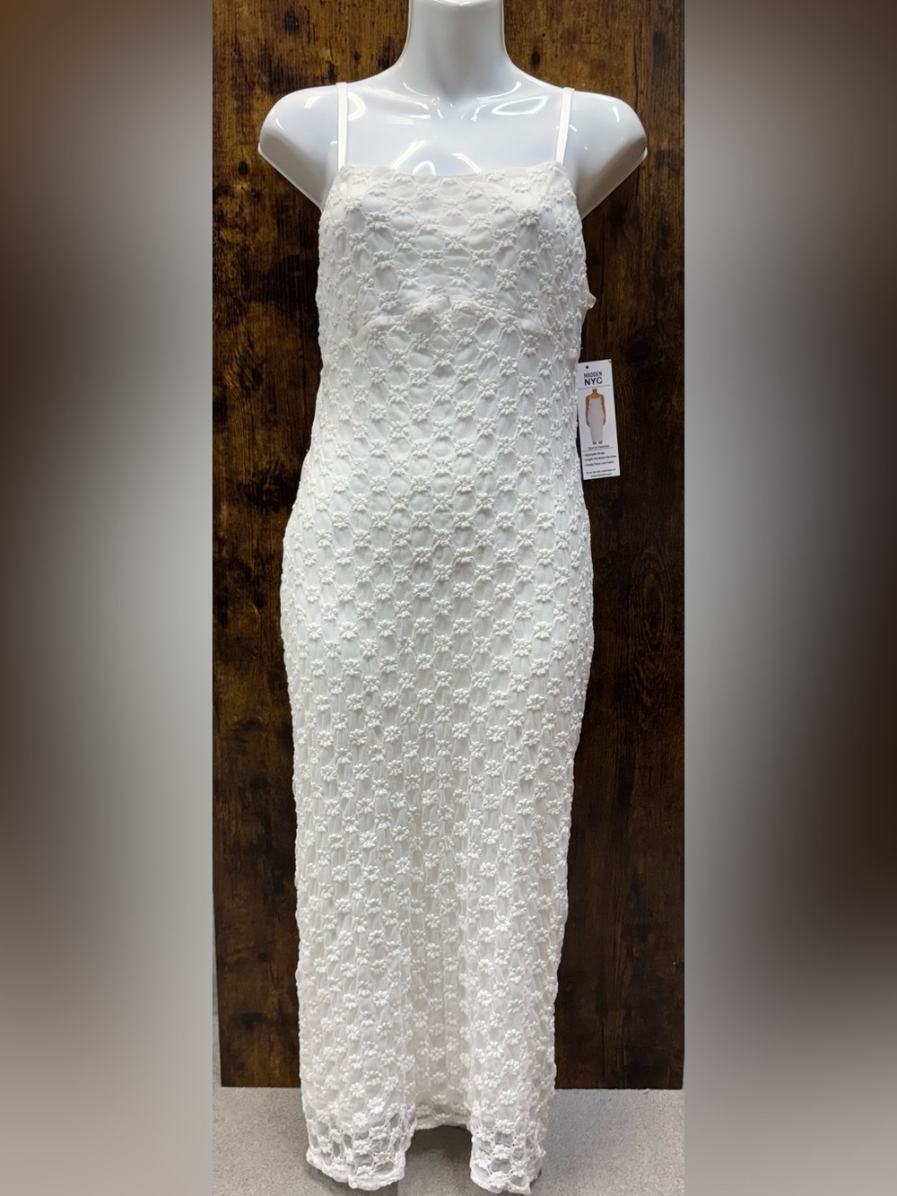 White Floral Lace Midi Dress with Spaghetti Straps